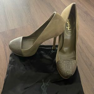 YSL Tribute beige suede platform pumps with snakeskin capped toe, size 8.5
